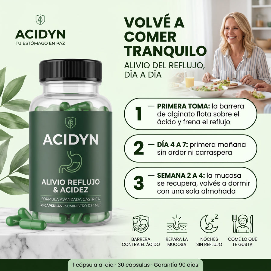 Acidyn Forte+ · volvé a comer tranquilo: primera toma, día 4 a 7, semana 2 a 4