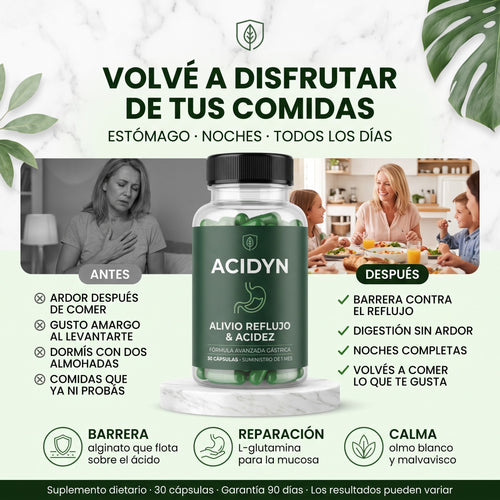 Acidyn Forte+ · antes y después: ardor, gusto amargo y dos almohadas vs noches completas