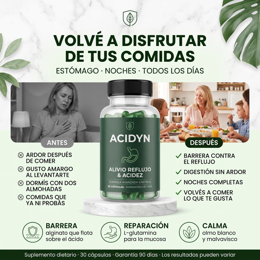 Acidyn Forte+ · antes y después: ardor, gusto amargo y dos almohadas vs noches completas