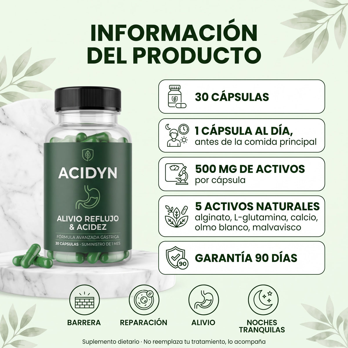 Acidyn Forte+ · información del producto: 30 cápsulas, 1 al día, 500 mg de activos, garantía 90 días