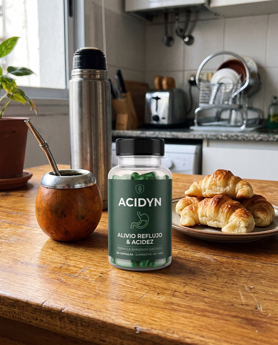 Frasco de Acidyn en la mesa del desayuno